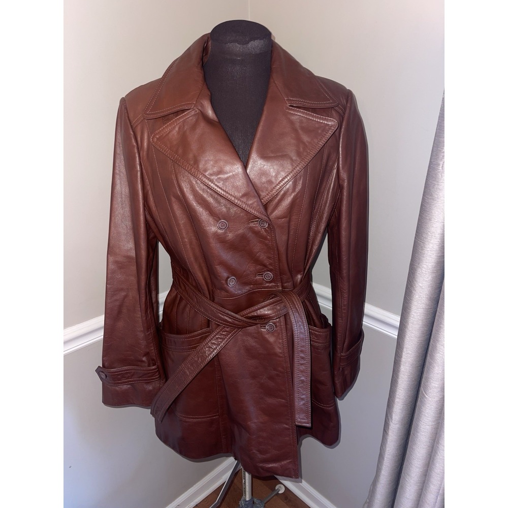 Vtg Berman's Brown Double Breasted Leather Coat Removable Liner Belted Womens 18